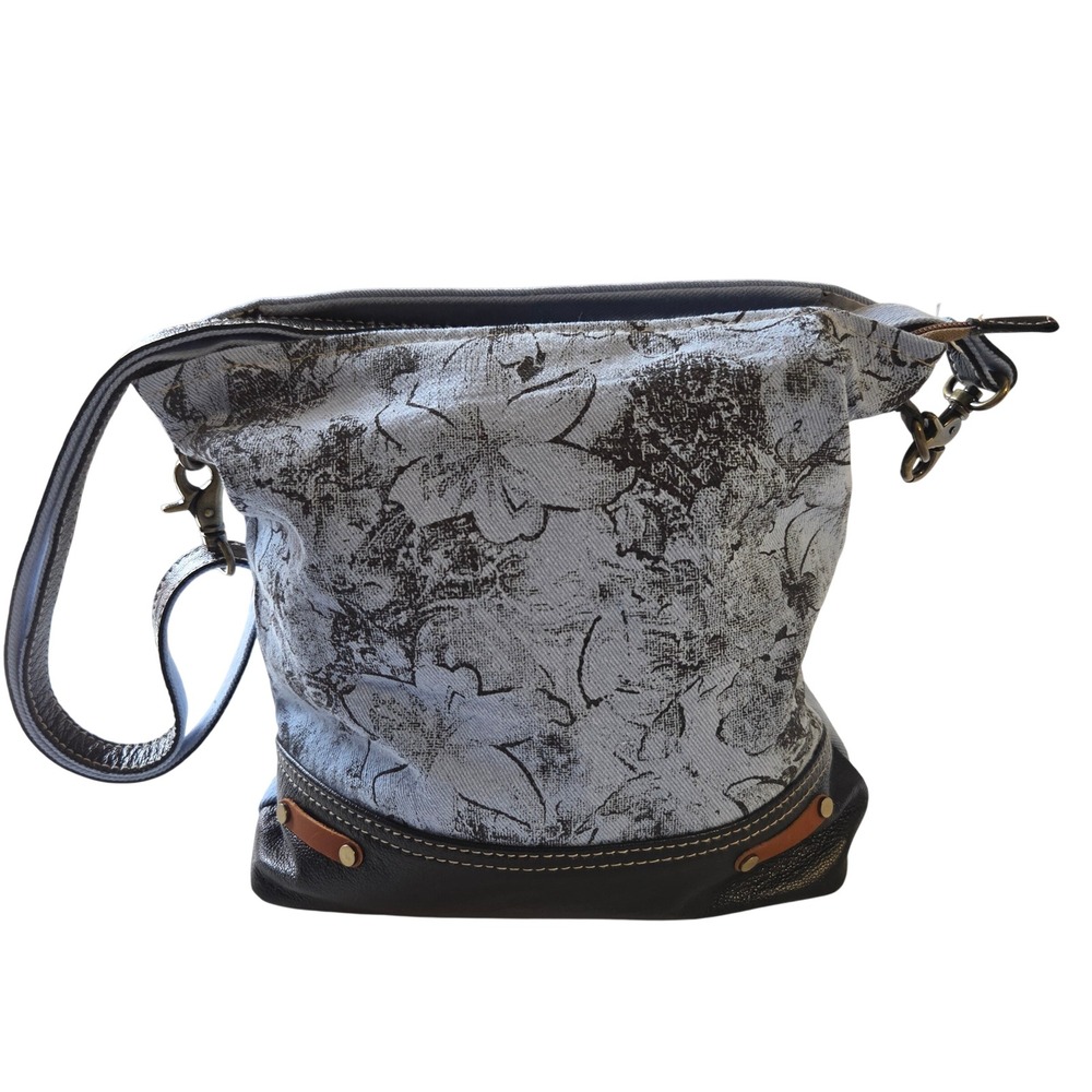 Myra Bag Blue Floral Canvas and Leather Crossbody Shoulder Bag Large